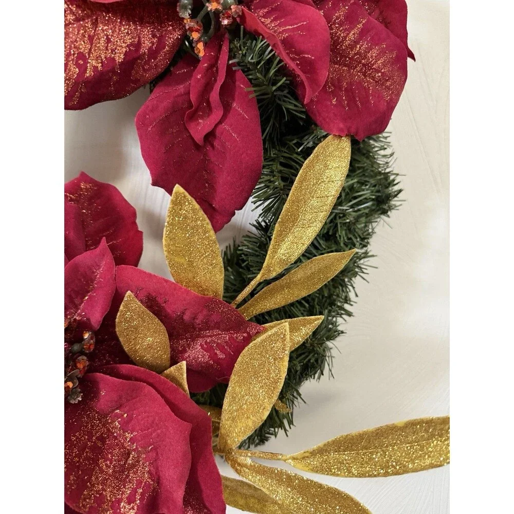 Festive Red Poinsettia & Gold Leaf Holiday Wreath